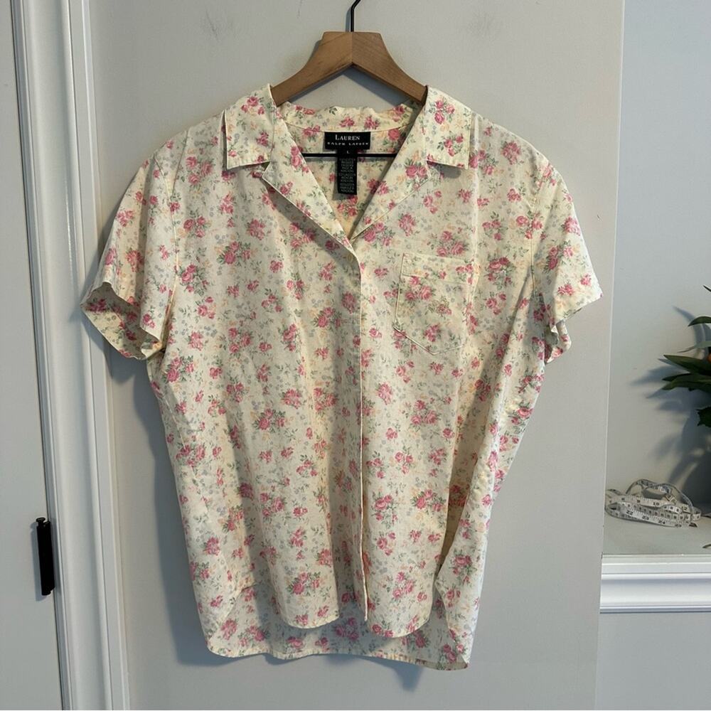 Lauren Ralph Lauren Vintage Floral Yellow Pink Cotton PJ Top Medium - Picture 11 of 12